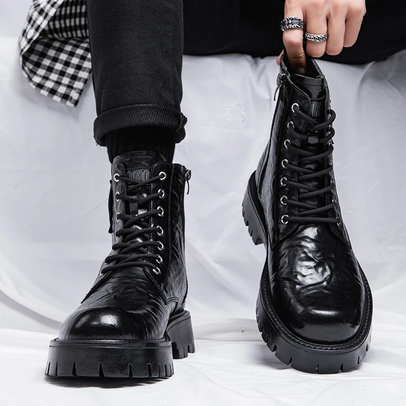 马丁靴男2025新款中长筒工装英伦雅痞皮靴子男士加绒保暖棉靴