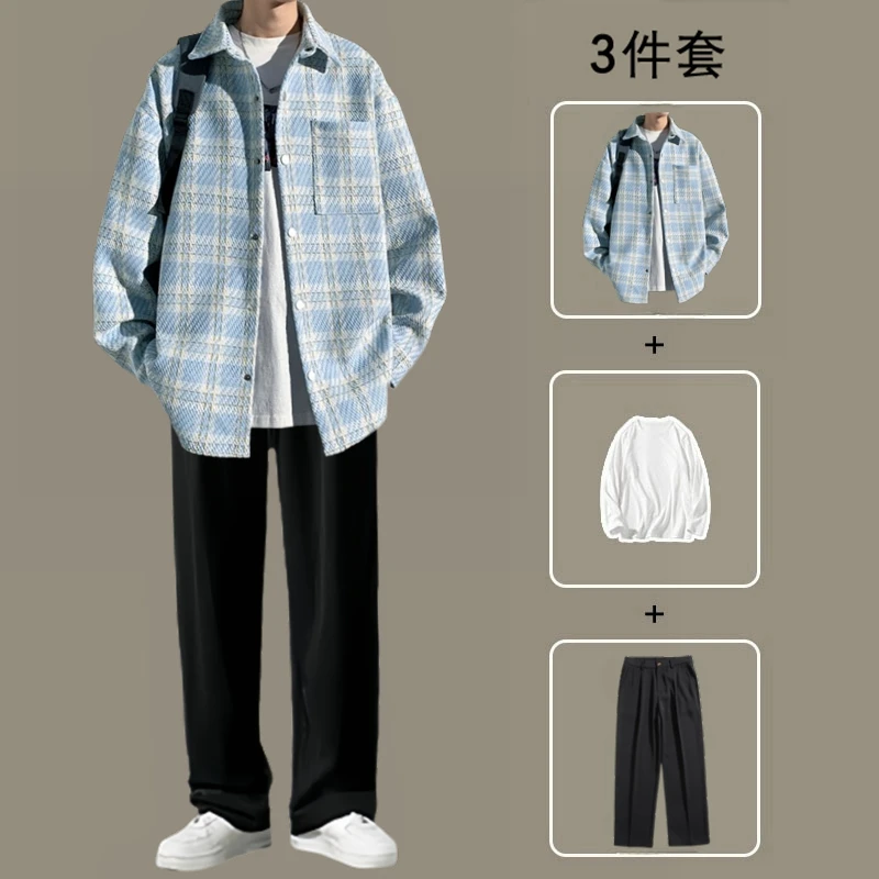 200斤小香风夹克男潮流套装高级感男装青少年ins搭配小西裤三件套