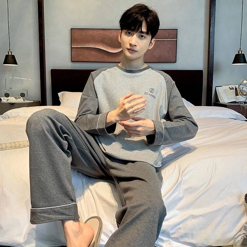 100%纯棉睡衣男士爆款春秋长袖套头休闲男士全棉家居服套装可外穿