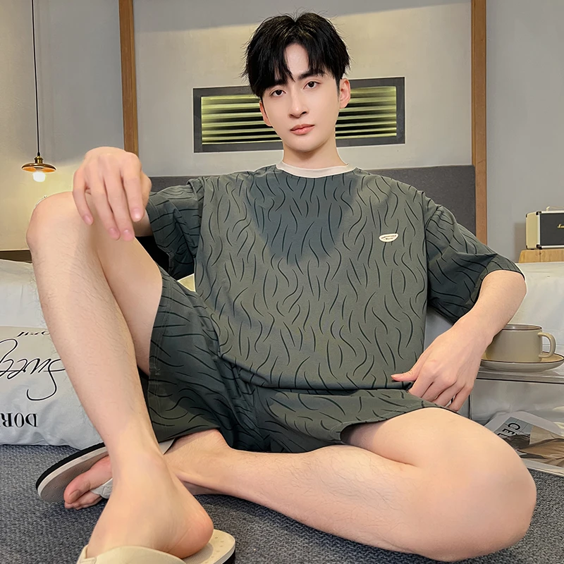 睡衣男士夏季纯棉短袖短裤薄款夏天舒适加大码圆领全棉家居服套装