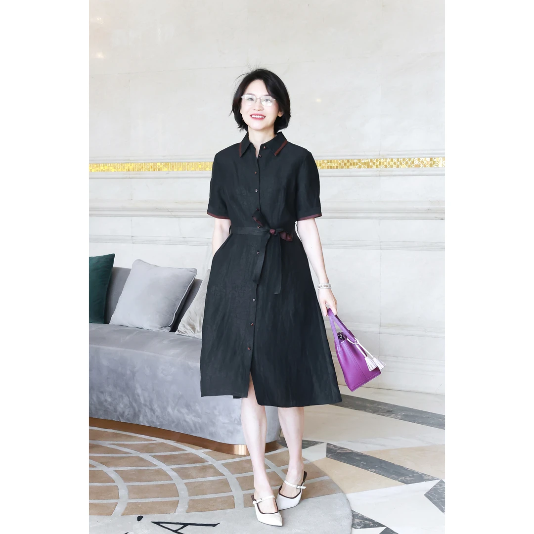 我是摩羯 烟雨江南 23MM桑蚕丝龟裂纹香云纱系带新中式春夏连衣裙