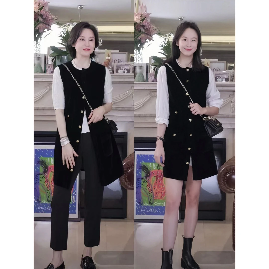 我是摩羯 限量摩登女郎 法式丝绒浮雕金属排扣马甲无袖背心连衣裙