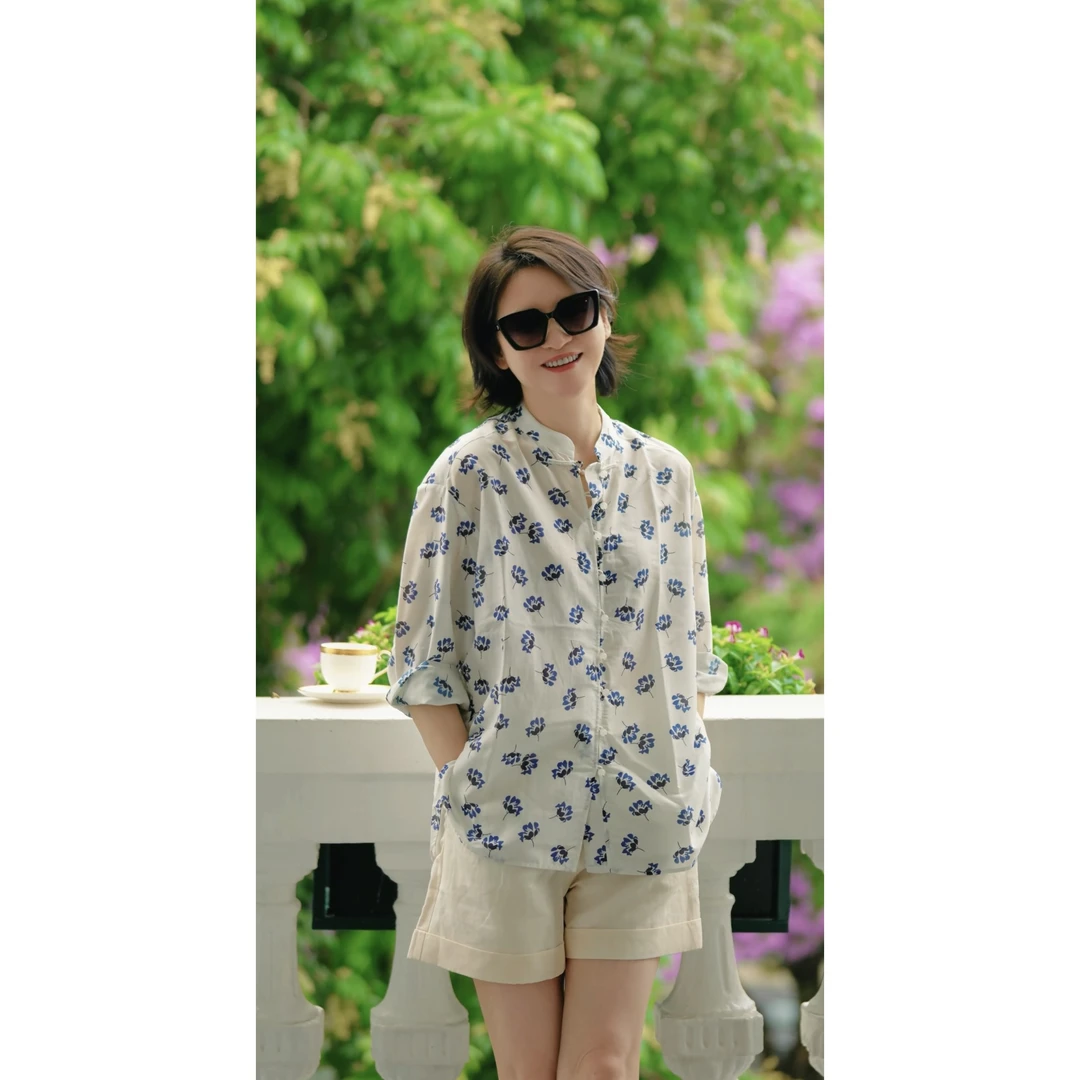 我是摩羯 蓝莲花 桑蚕丝棉舒适宽松中式廓形琉璃纽扣丝绵印花衬衫