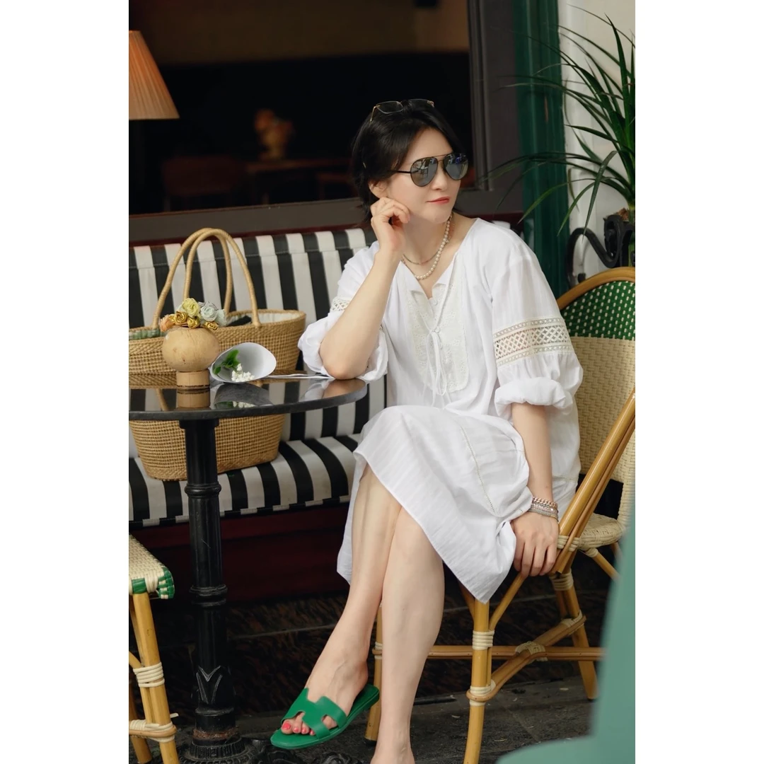 RuienCo.异国花店精美镂空提花水溶花边流苏系带度假风夏连衣裙