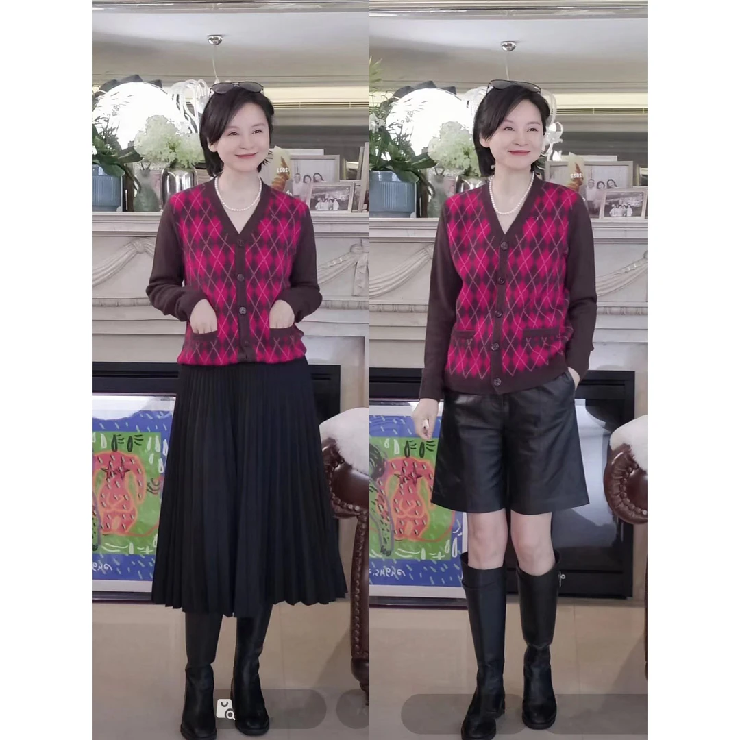 我是摩羯 英伦老钱菱格衫 菱格提花V领针织开衫