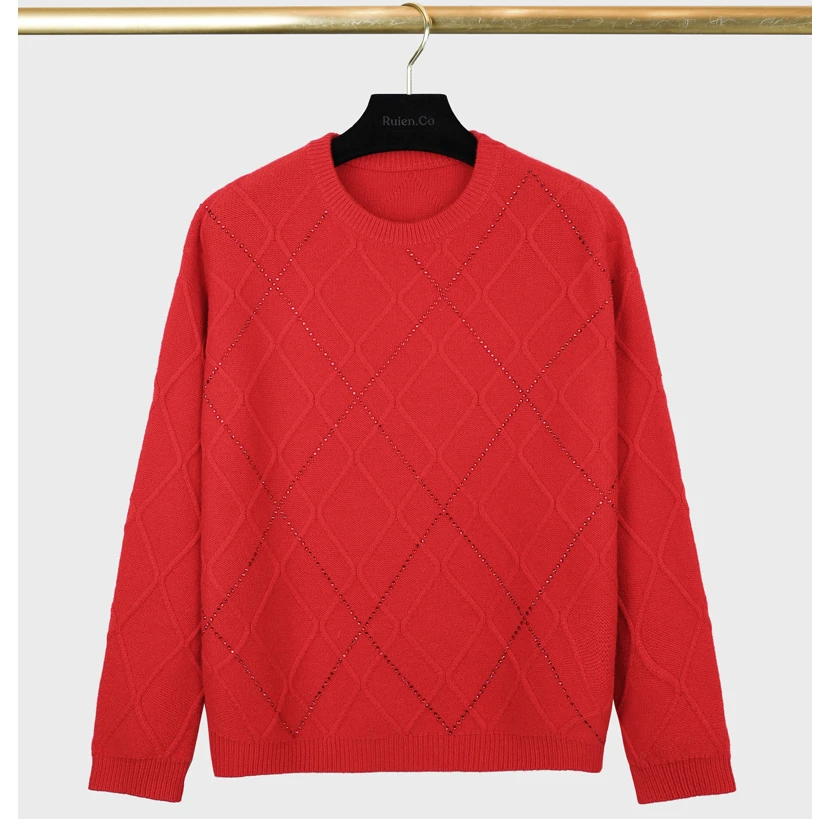 我是摩羯 限量喜宴 100绵羊毛菱形格烫钻优雅百搭长袖针织衫毛衣