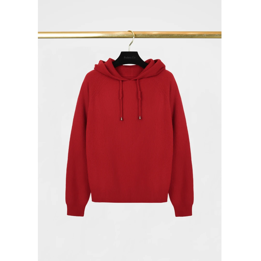 我是摩羯 圣诞红 100山羊绒双元宝编织工艺抽绳连帽针织衫卫衣