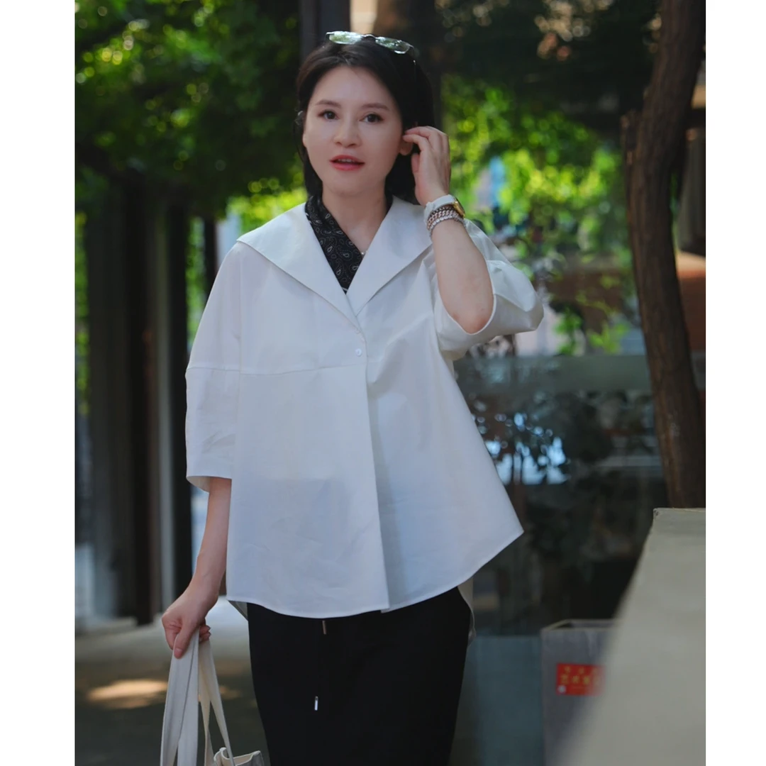 我是摩羯 法式水手领 50s棉抗皱时尚复古公主袖廓形春夏衬衫上衣