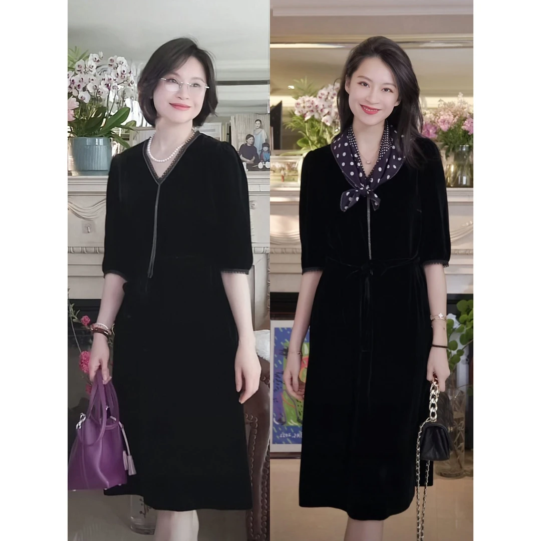 我是摩羯 花城聚会同款 丝绒BC珠链边法式V领泡泡袖轻礼服连衣裙