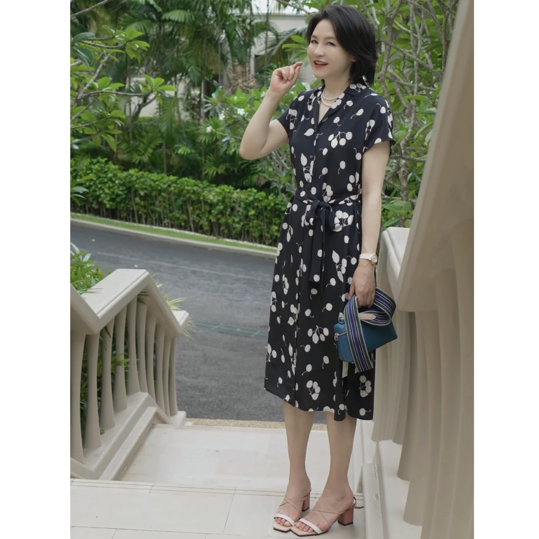 我是摩羯 黑白樱桃 6A级桑蚕丝小西服领腰部系带春夏真丝连衣裙