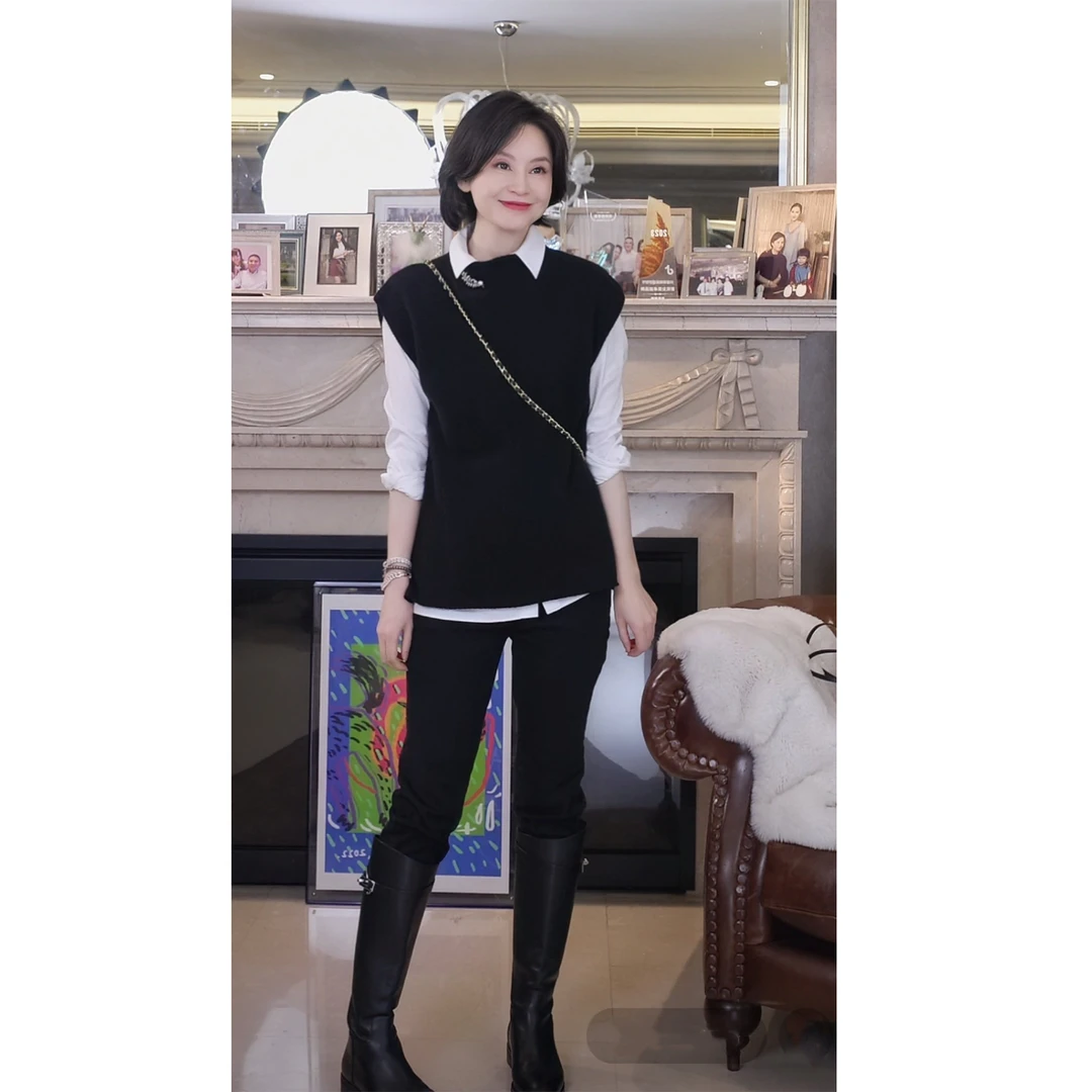 我是摩羯 黑布朗背心 100绵羊毛一片式宽松简约百搭无袖针织马甲