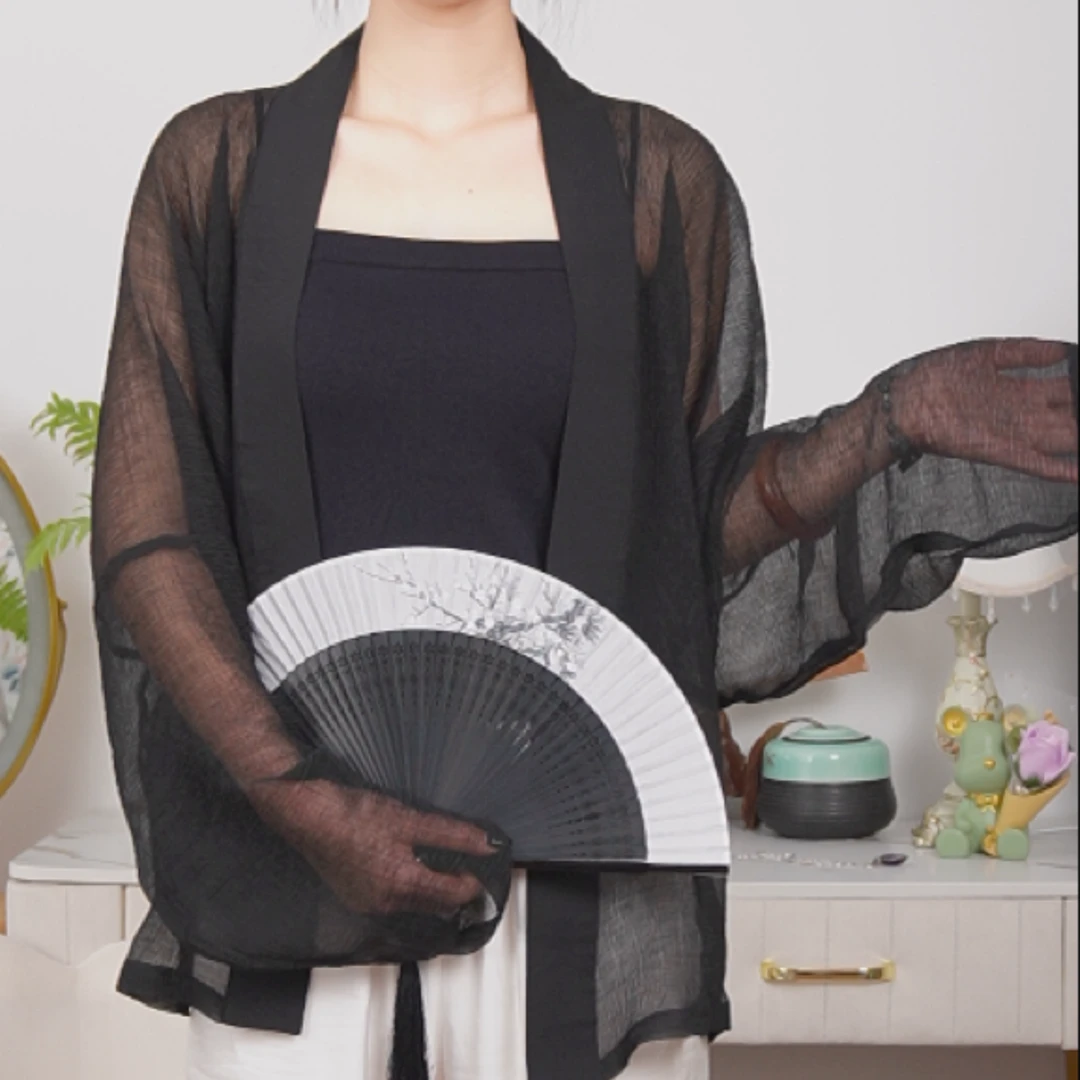 dingyuanshe/鼎元社上衣黑色飞机袖太阳雪纺邹薄款长袖汉元素宋制