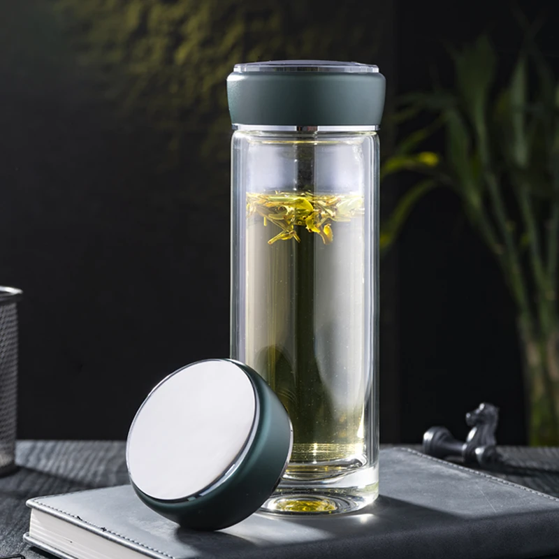 水利康青竹双层玻璃杯男女水杯茶水分离盖泡茶商务车载专用茶杯