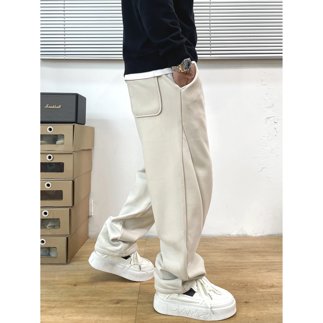 秋冬新款痞帅直筒美式卫裤男加绒加厚宽松潮牌弯刀高街阔腿裤男