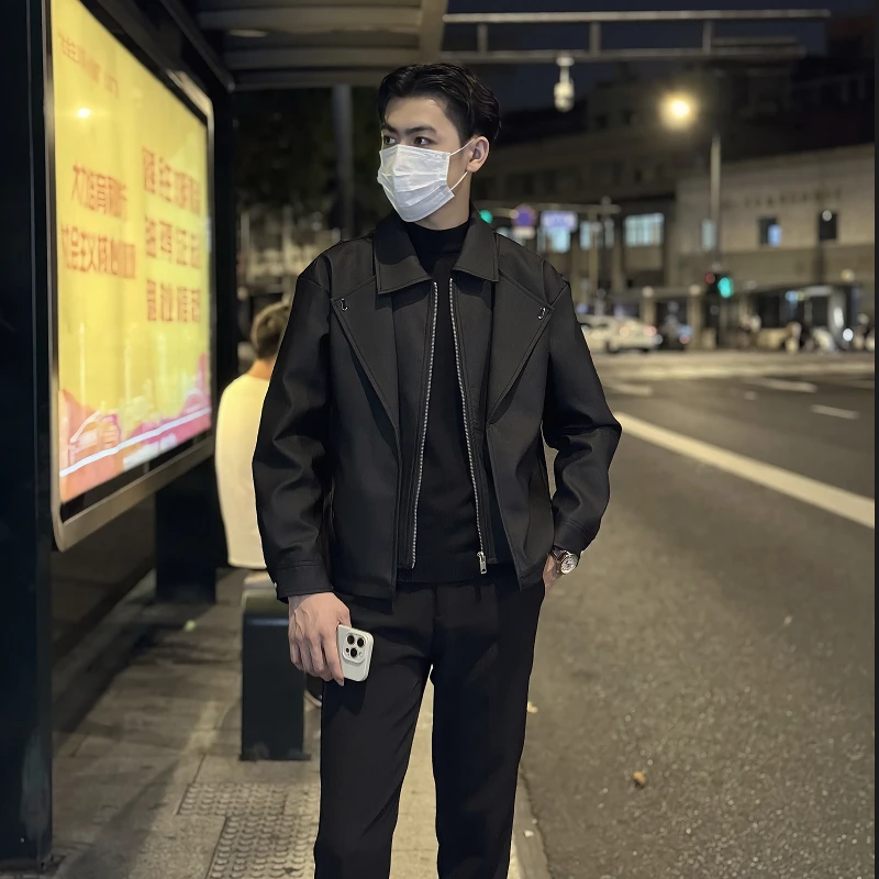 秋装新款男士皮衣外套潮流韩版翻领假两件痞帅黑色PU皮夹克上衣男