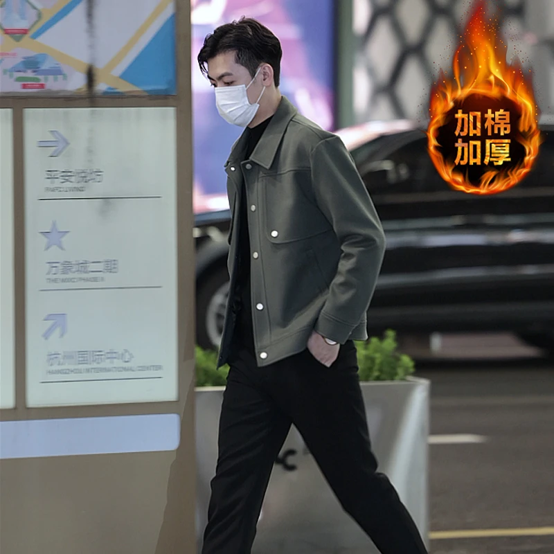 秋冬装男士加棉加厚毛呢夹克外套潮流韩版修身翻领帅气呢子上衣男