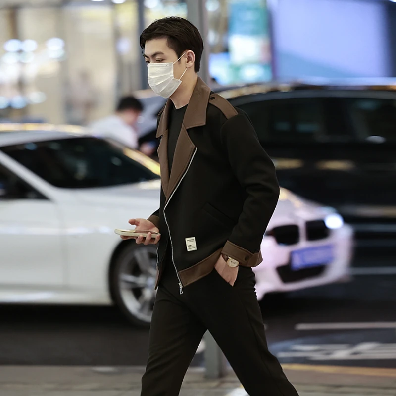 秋装男士夹克外套潮流韩版斜拉链大翻领拼色休闲上衣男帅气