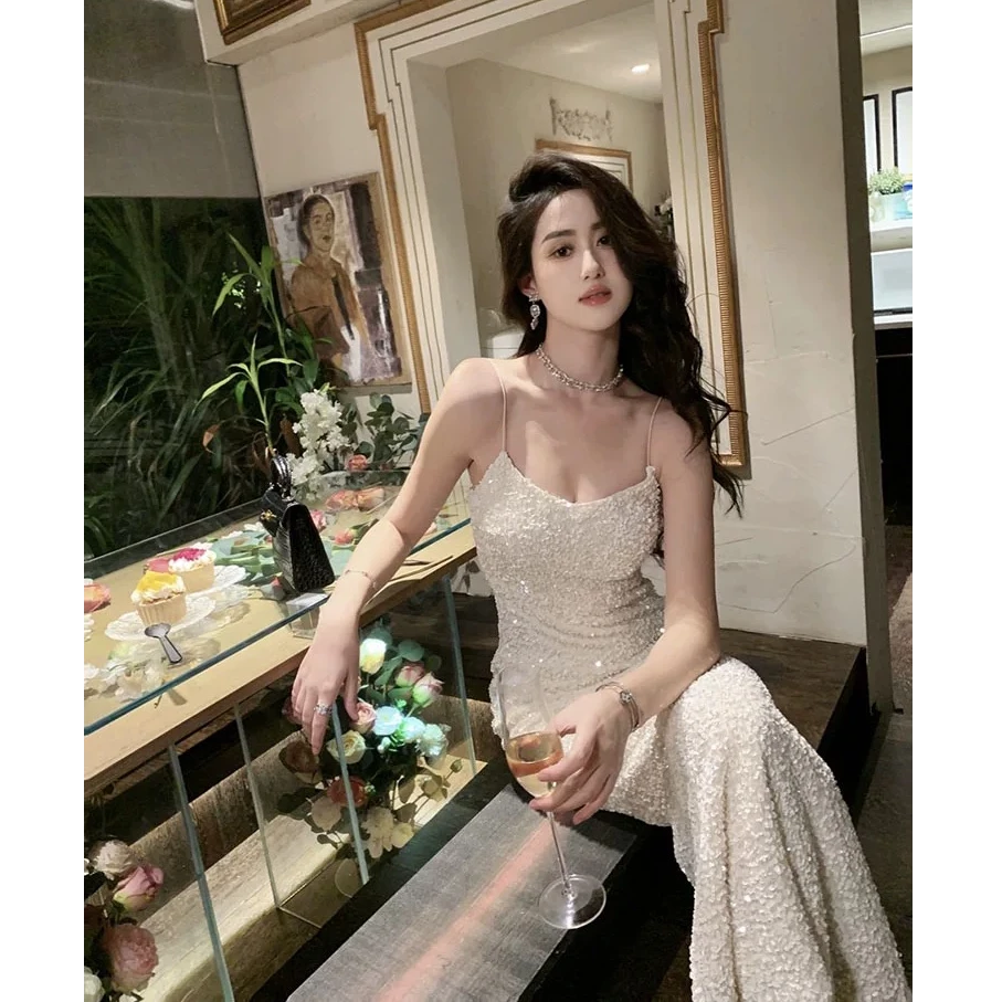 气质名媛亮片礼服裙修身性感包臀鱼尾裙轻奢高级感生日宴会连衣裙