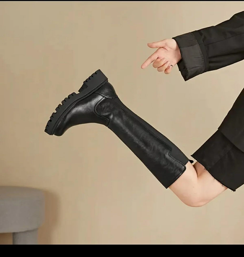 ann骑士靴胖mm粗腿大筒围马靴大码40皮靴中筒高筒长筒长靴靴子女