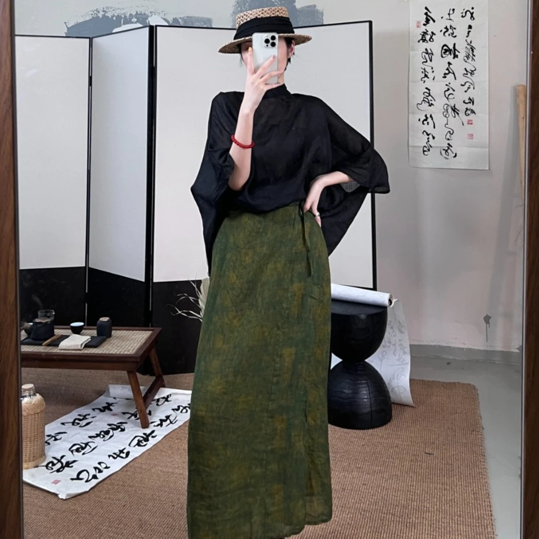 夏季新款复古一片式苎麻晕染印花裹裙