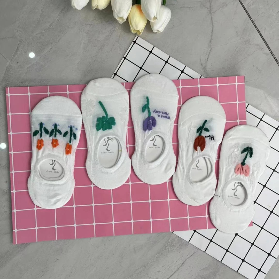 十双装女船袜夏季薄款百搭镂空花朵隐形不掉跟白色浅口韩版透气