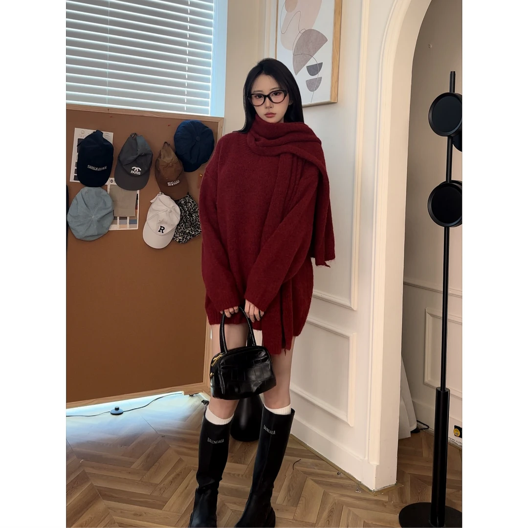 【小暖炉】韩系慵懒宽松百搭软糯V领针织上衣+围巾毛衣女XLYY24075