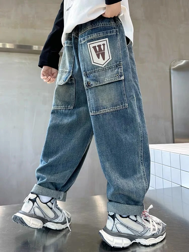 男童潮酷牛仔裤春秋2025新款潮儿童秋装裤子宽松中大童休闲裤酷帅