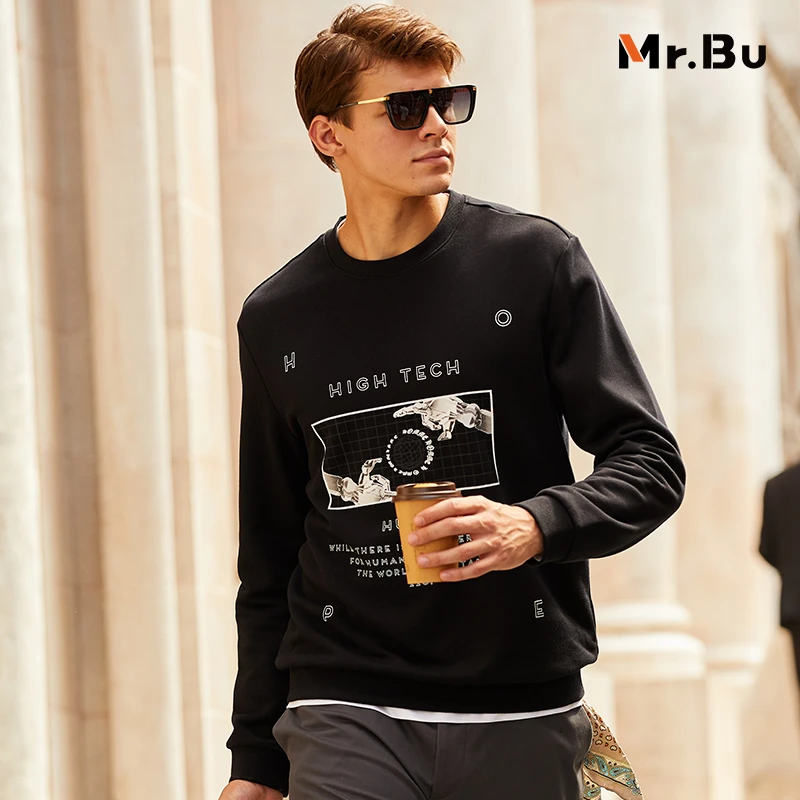 【五折】MrBu纯棉长袖卫衣男 秋冬圆领时尚印花休闲男上衣KT01555