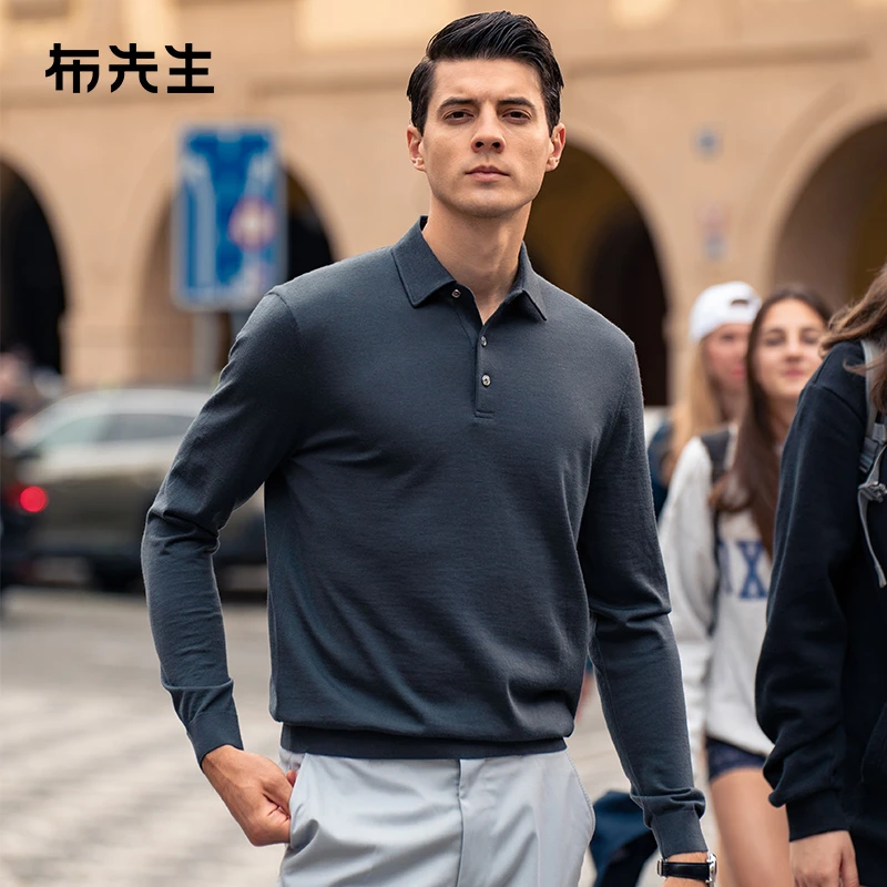 Mr.Bu布先生男士翻领羊毛衫春季纯色针织衫可机洗毛T上衣BT11985