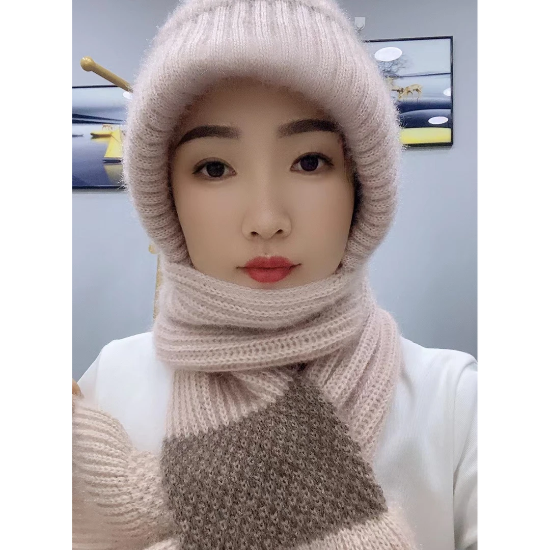 2024升级新款拼色时尚加绒加厚百搭保暖减龄风雪帽子冬季围巾一体
