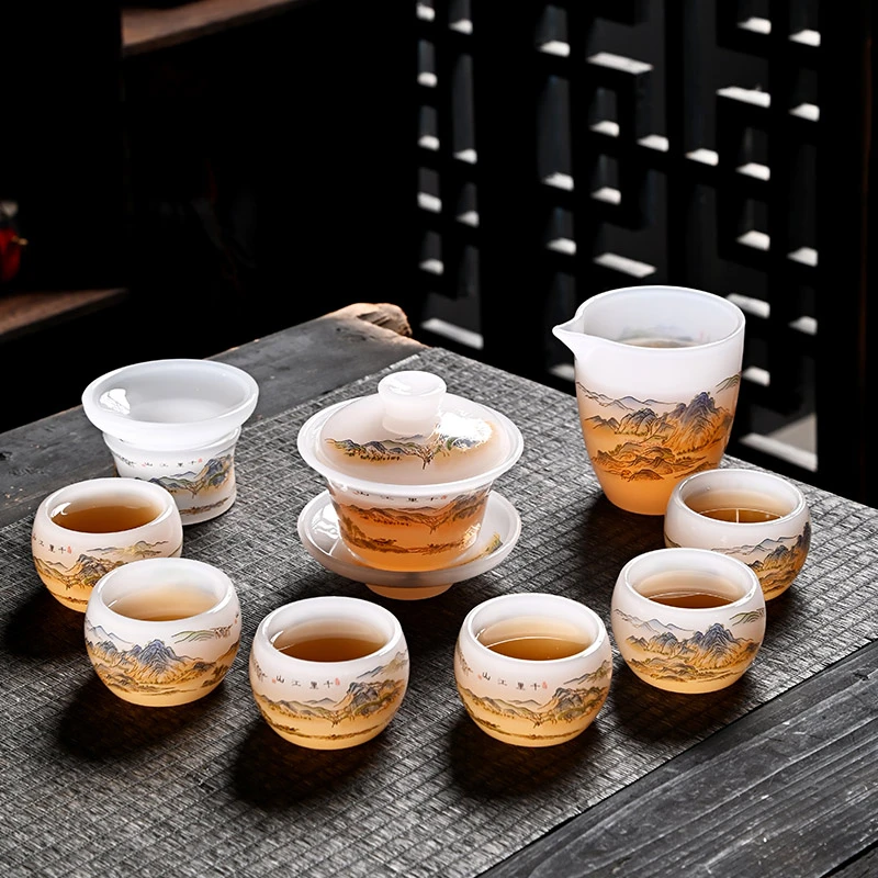 琉璃茶具套装轻奢家用茶杯玉瓷办公室会客高档礼盒装白玉玻璃盖碗