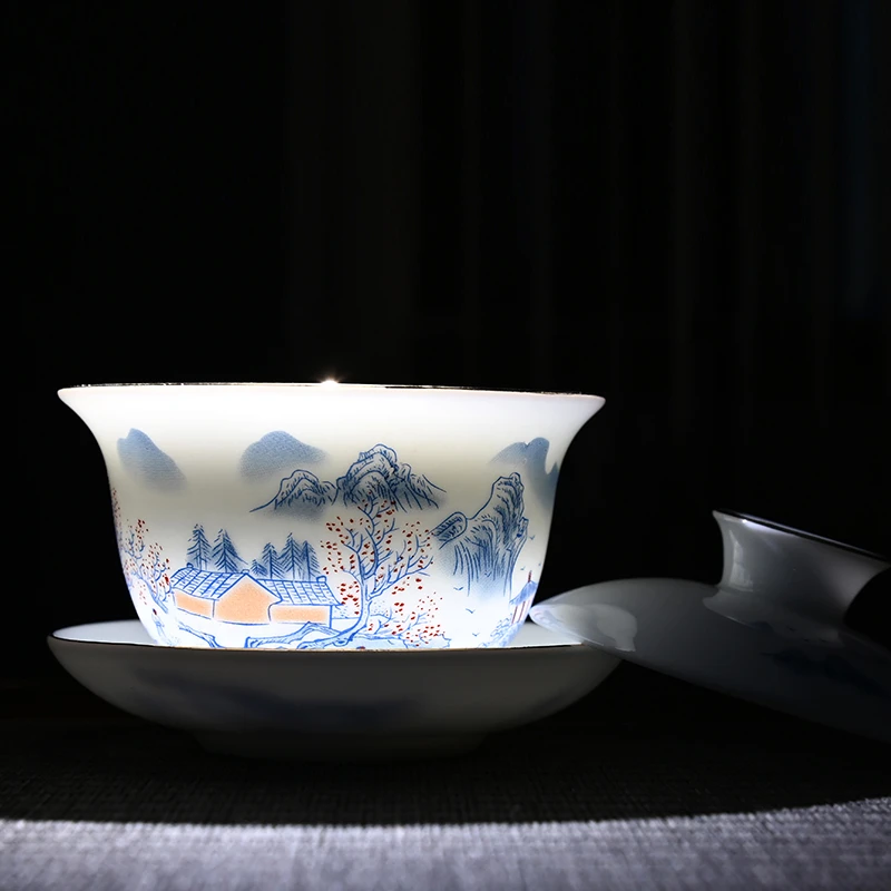 白冰种描金盖碗茶碗带盖泡茶杯单个家用茶盏茶碗陶瓷茶具中式