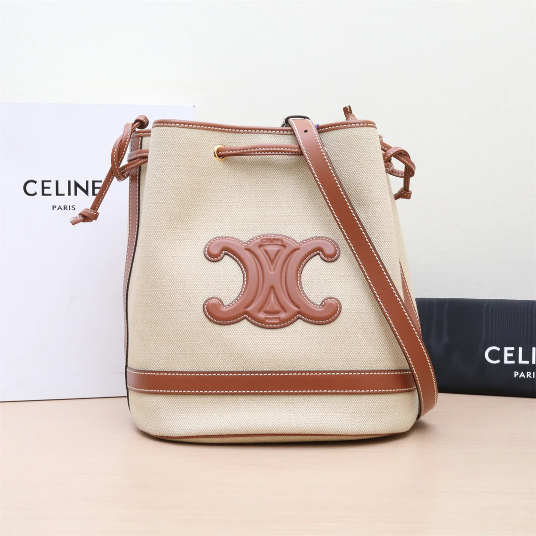 99新 Celine/思琳 斜挎包 凯旋门浮雕 拼皮抽绳水桶 P204307271