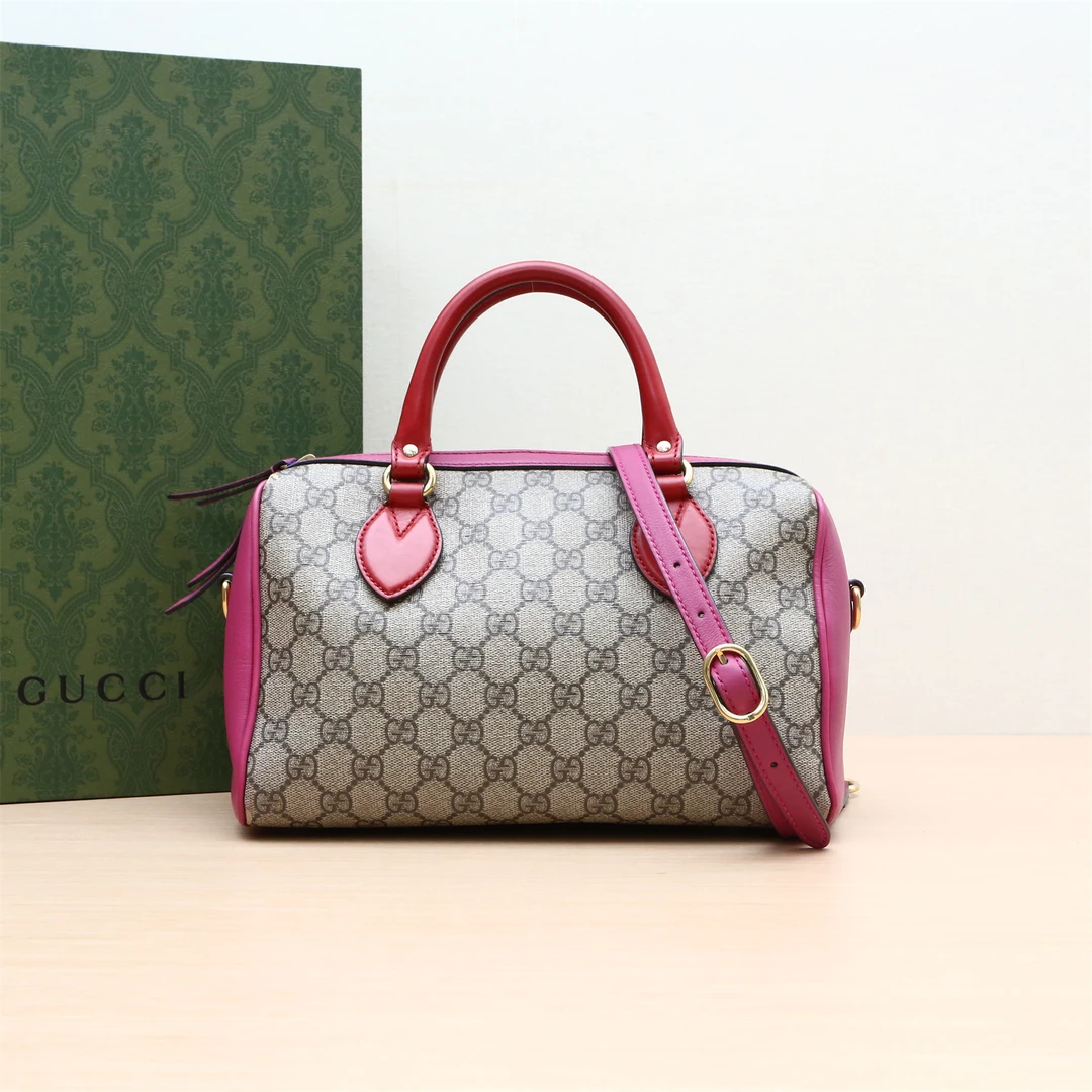 95新 GUCCI/古驰 波士顿包 小号粉边乌木色 PVC 老花 P204925346
