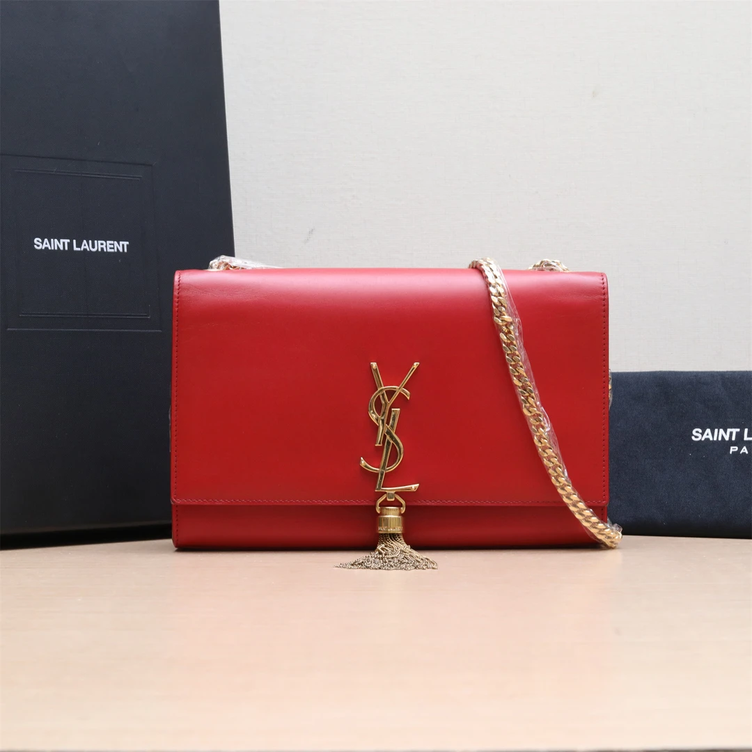 95新 YSL/圣罗兰 KATE中号光面流苏红金扣 P244173351