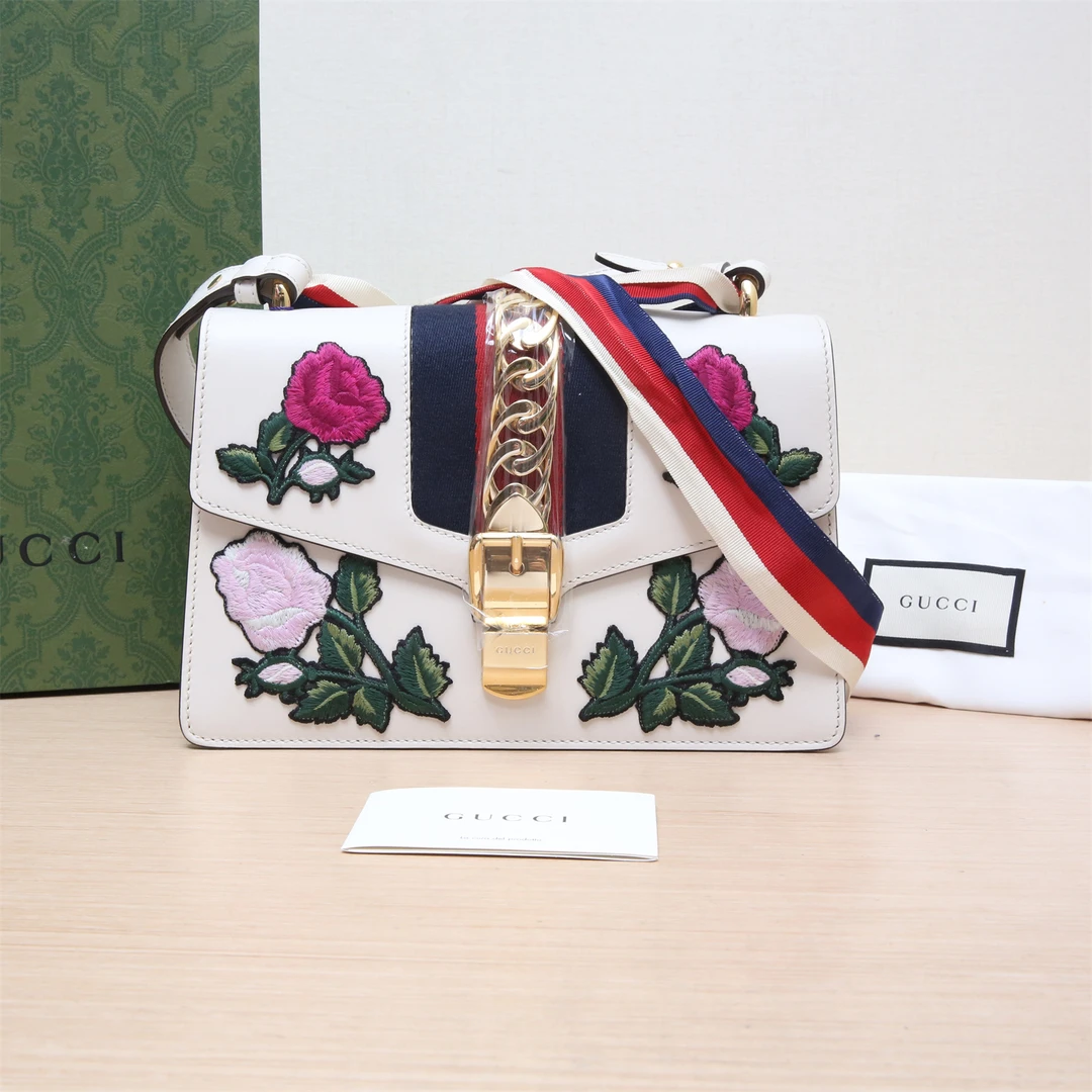 95新 GUCCI/古驰 丝带包 25.5 白色 单肩包 P214555715