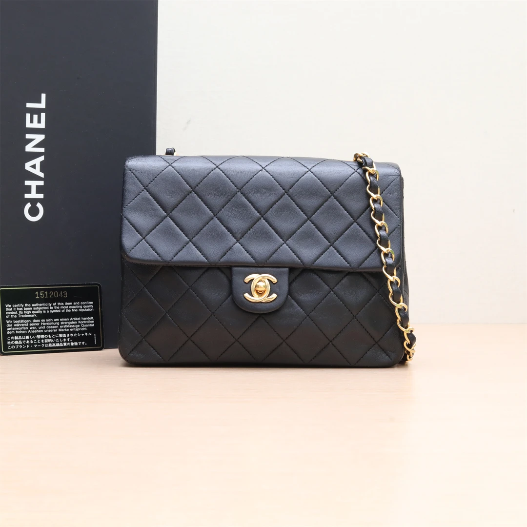 95新 Chanel/香奈儿 斜挎包中古黑金羊方胖20皮革S1开P234347453