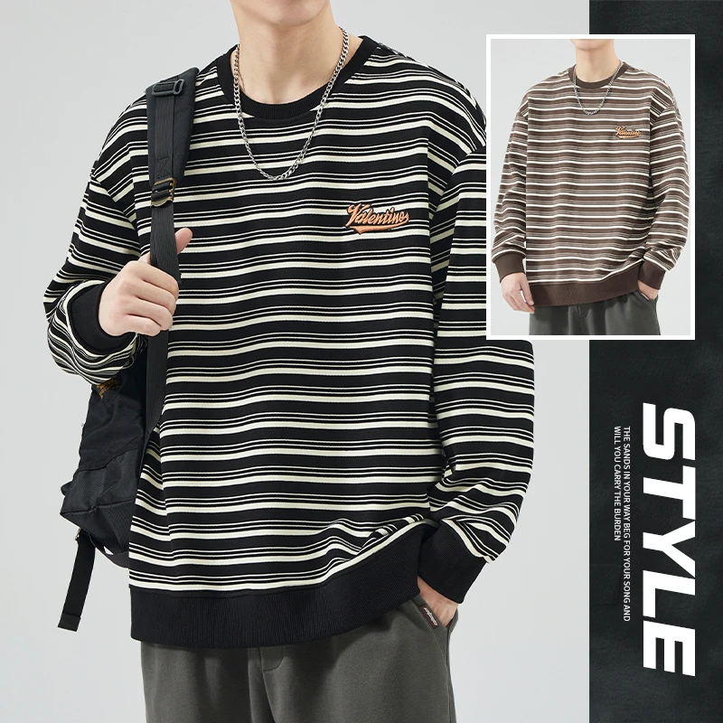 秋冬款条纹卫衣男美式潮牌宽松休闲打底衫百搭情侣圆领长袖上衣服