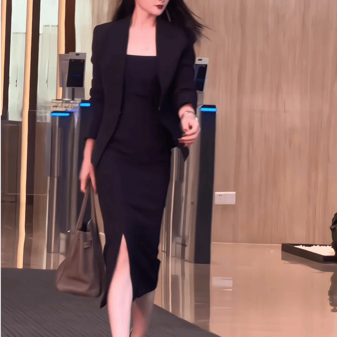 JIASHI气质西服套装轻奢黑色百搭女神小众法式春秋-TZ069+QB072