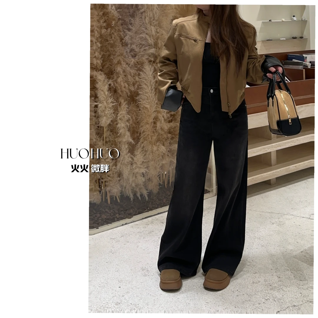 【青苍】新款早秋黑色复古显瘦百搭阔腿高腰弹力直筒牛仔裤时尚休闲