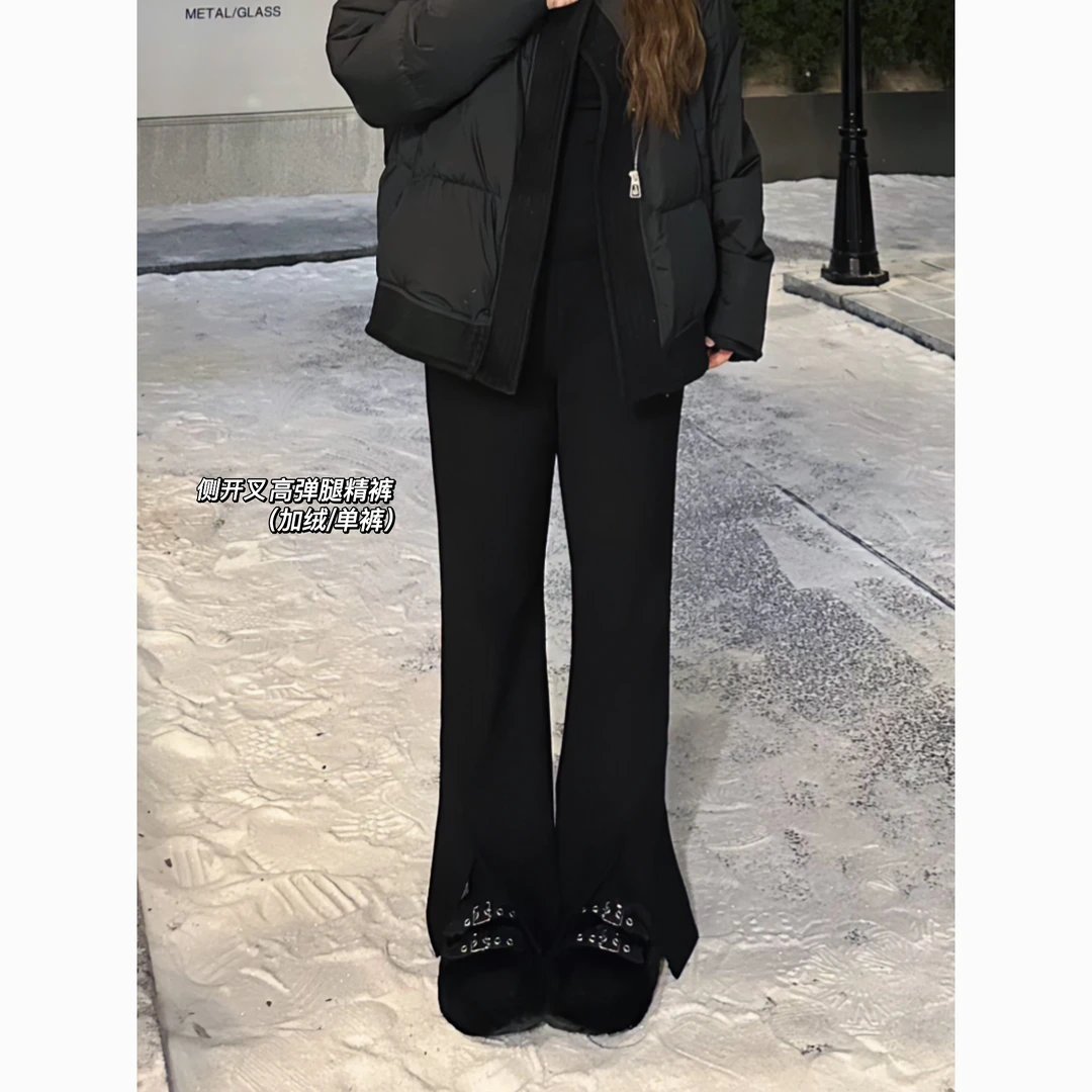 【火火】腿精侧开叉西装裤高腰显瘦垂感阔腿黑色微喇裤
