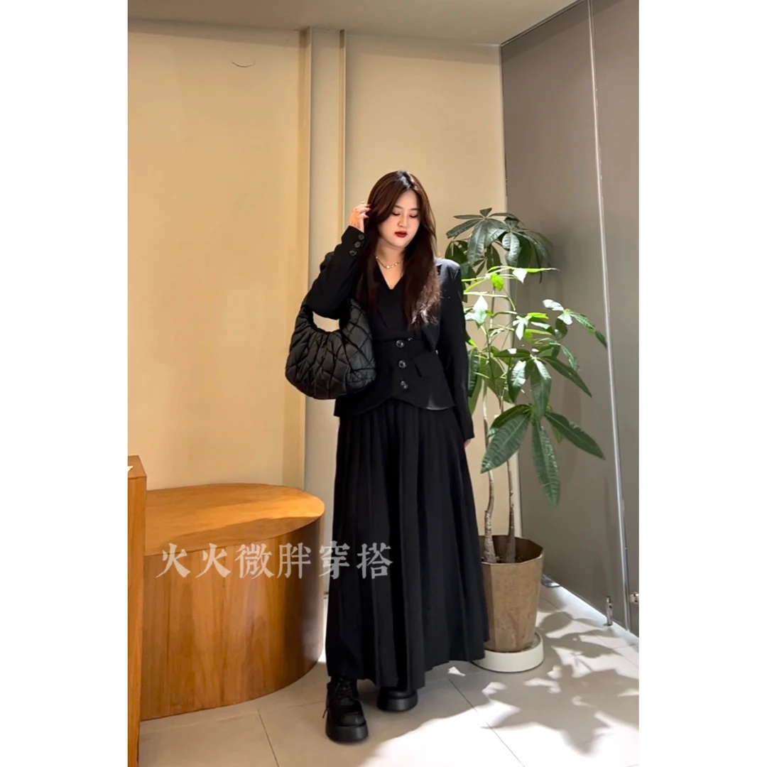 【青苍】早秋韩版V领西装收腰设计百褶半身裙套装