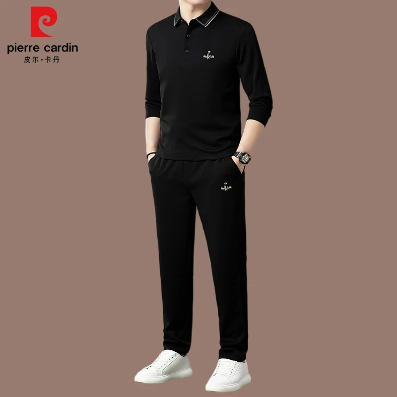 【皮尔卡丹专柜正品】春秋季桑蚕丝休闲套装男士长袖翻领polo衫一套