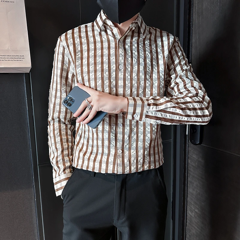 泡泡纱上新秋季长袖衬衫男装痞帅高级感衬衣DSA443-A67-P58控88