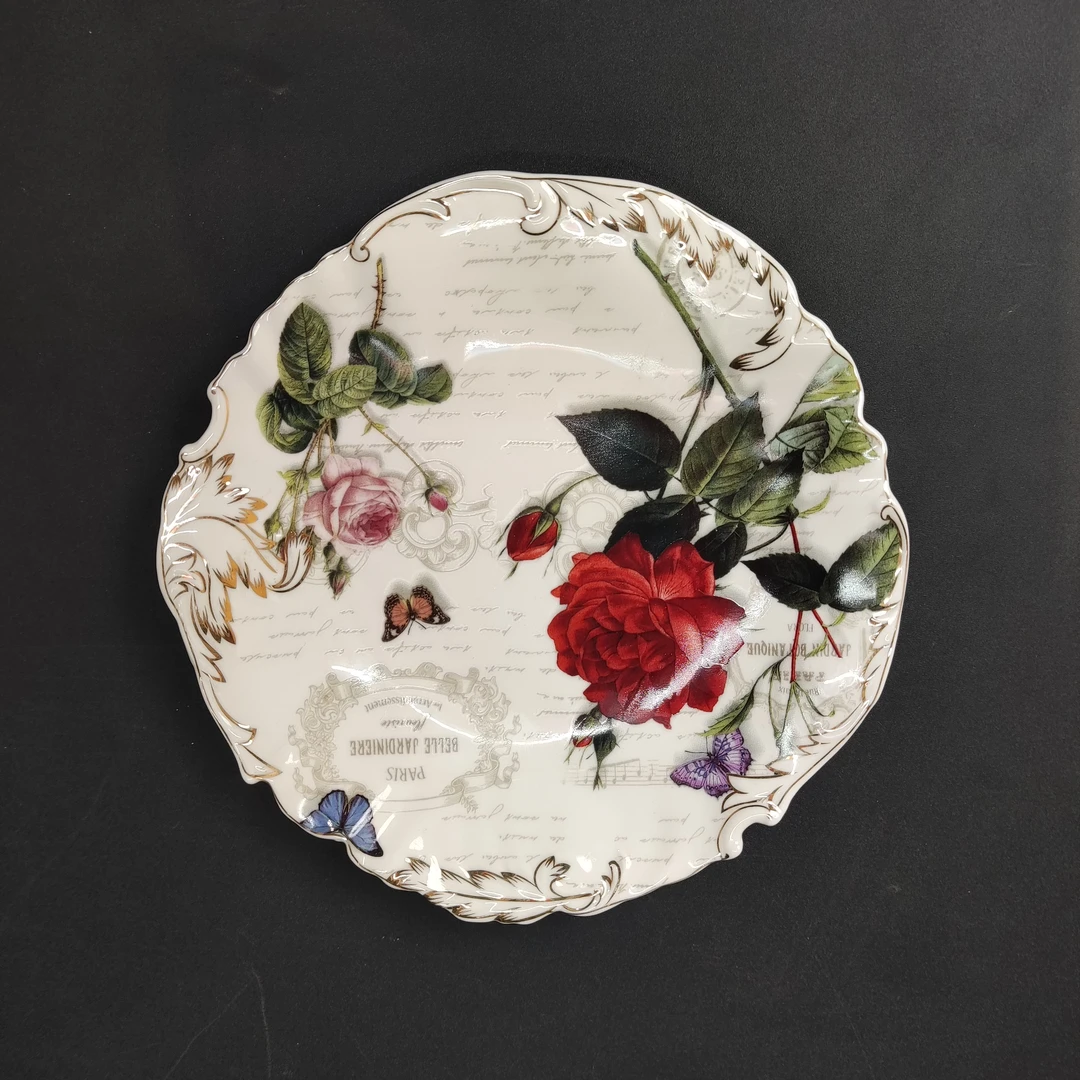 欧式描金红玫瑰家用7.5寸陶瓷小盘/点心盘