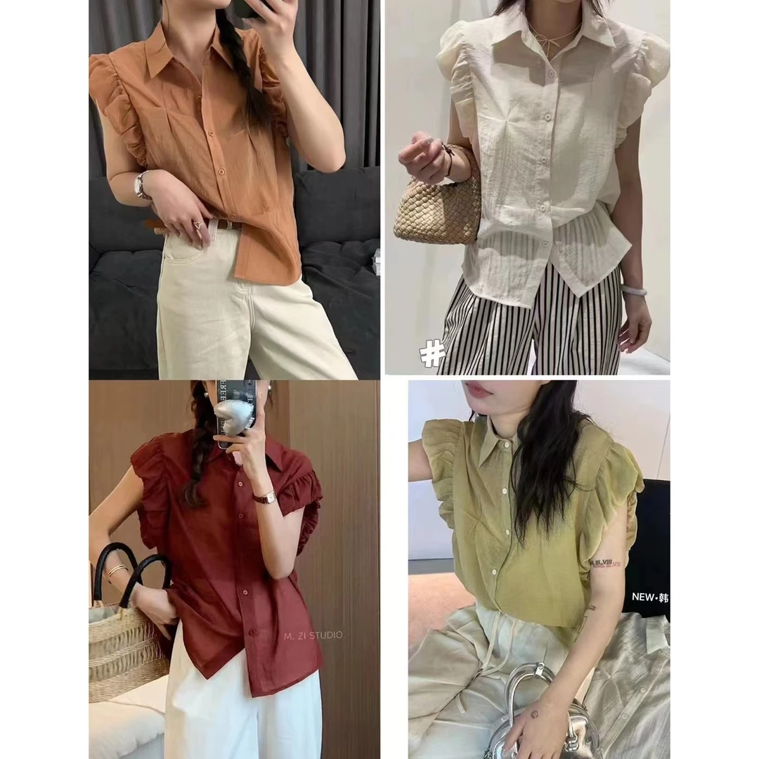 MISS RUILI定制 Polo领泡泡袖衬衫女单排系扣休闲宽松小衫A7669