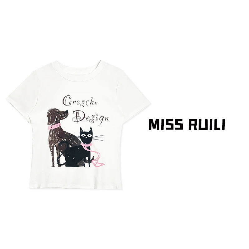 MISS RUILI定制 2024夏季休闲宽松卡通字母短袖T恤A7757