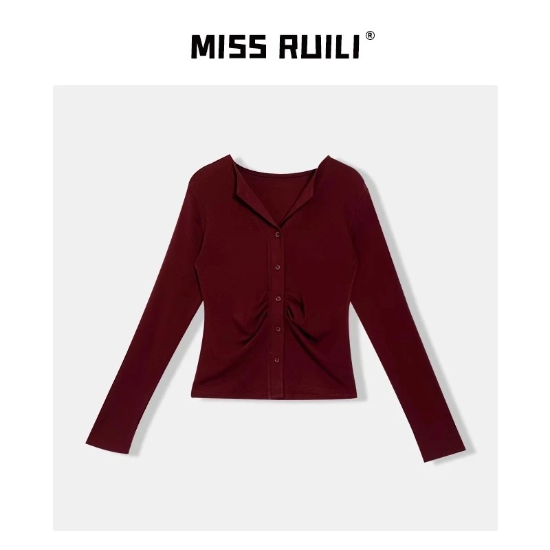 MISS RUILI定制 秋季法式设计感正肩修身显瘦长袖打底衫A7893