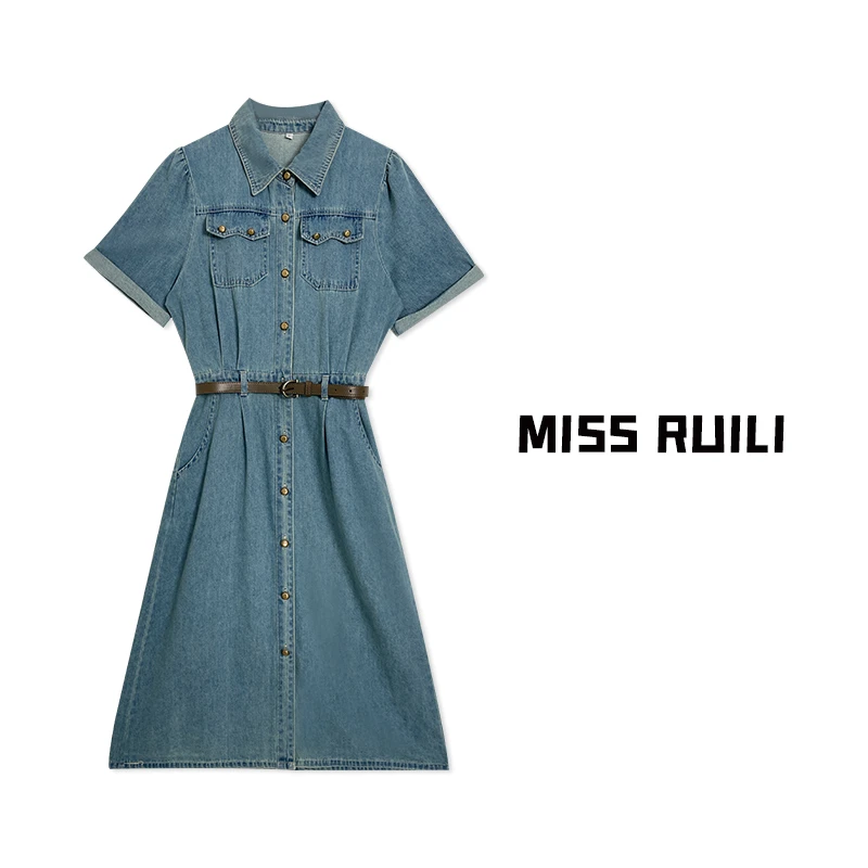 MISS RUILI定制 新款短袖牛仔连衣裙女显瘦过膝长裙A7712
