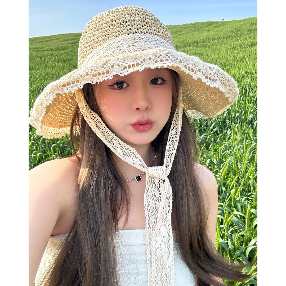 日系花朵蕾丝系带镂空甜美手工编织草帽百搭海边沙滩时尚遮阳帽